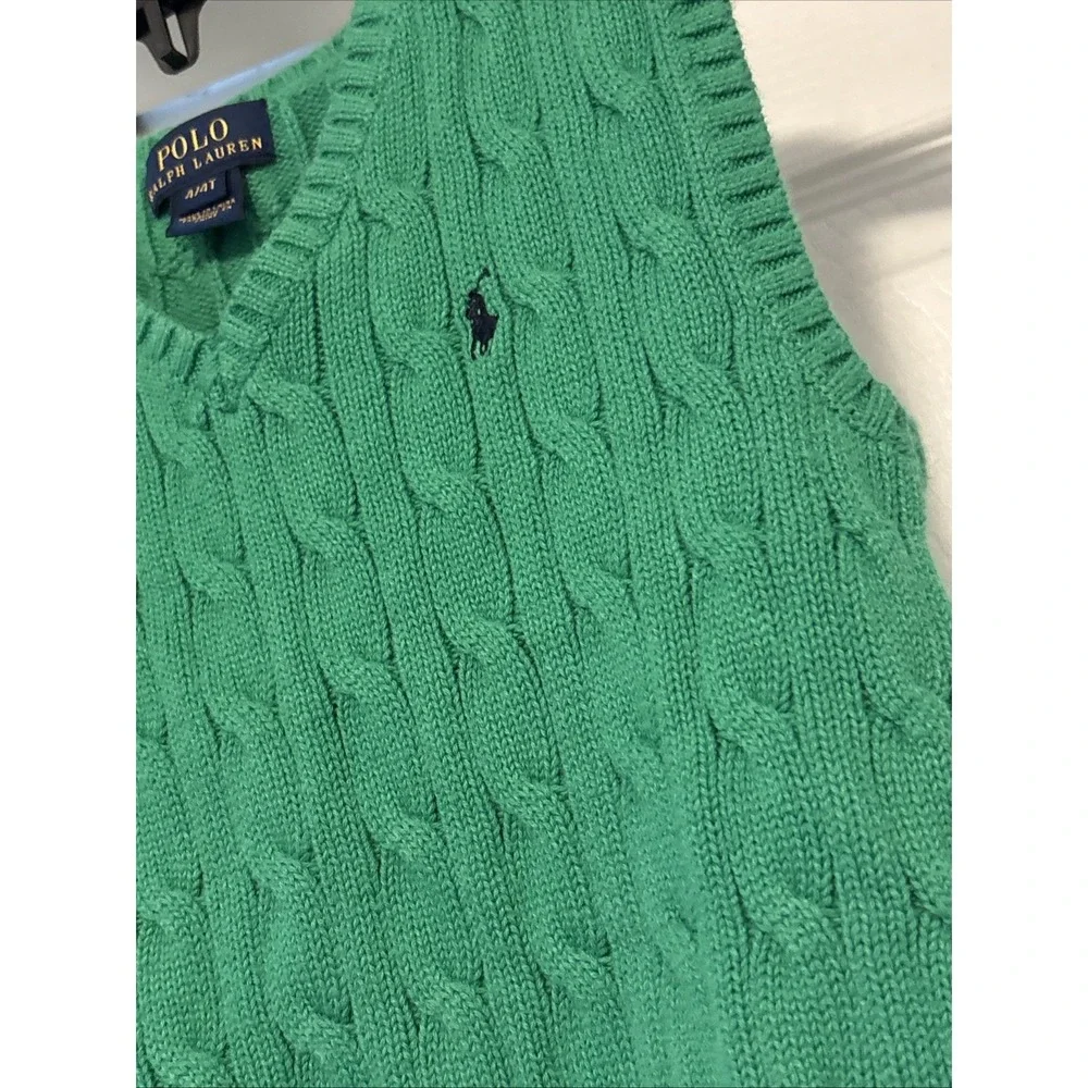 Polo Ralph Lauren Kelly‎ Green Cable Knit V Neck Sweater Vest Toddler Boys 4/4T